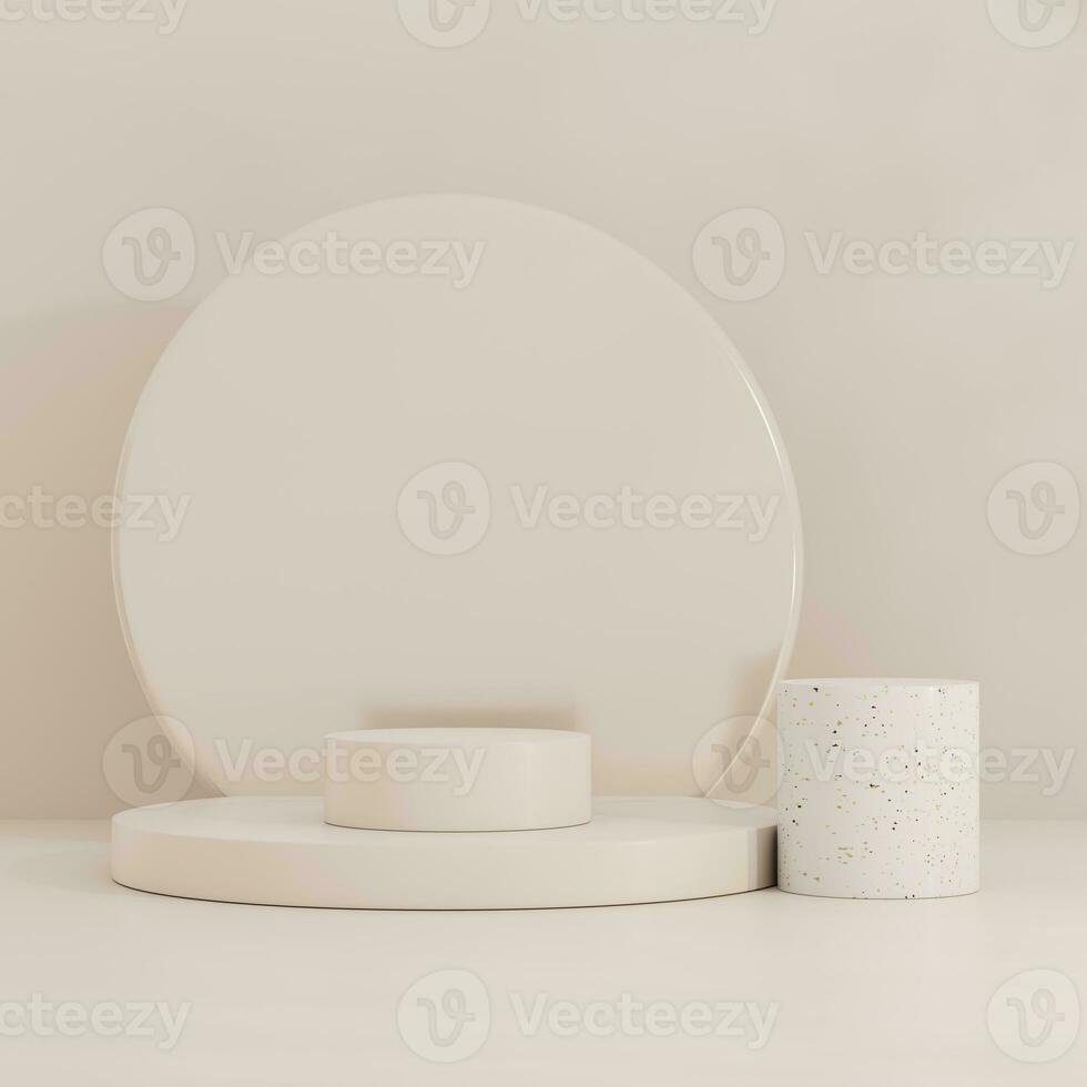 Brown and white pastel backdrop wall 3d render image mockup background of terrazzo podium in the circle. photo