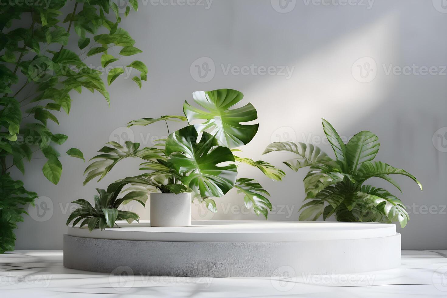 3d render empty space white terrazzo textured podium with monstera leaf house plant. Podium for product shoot. Illustration. photo