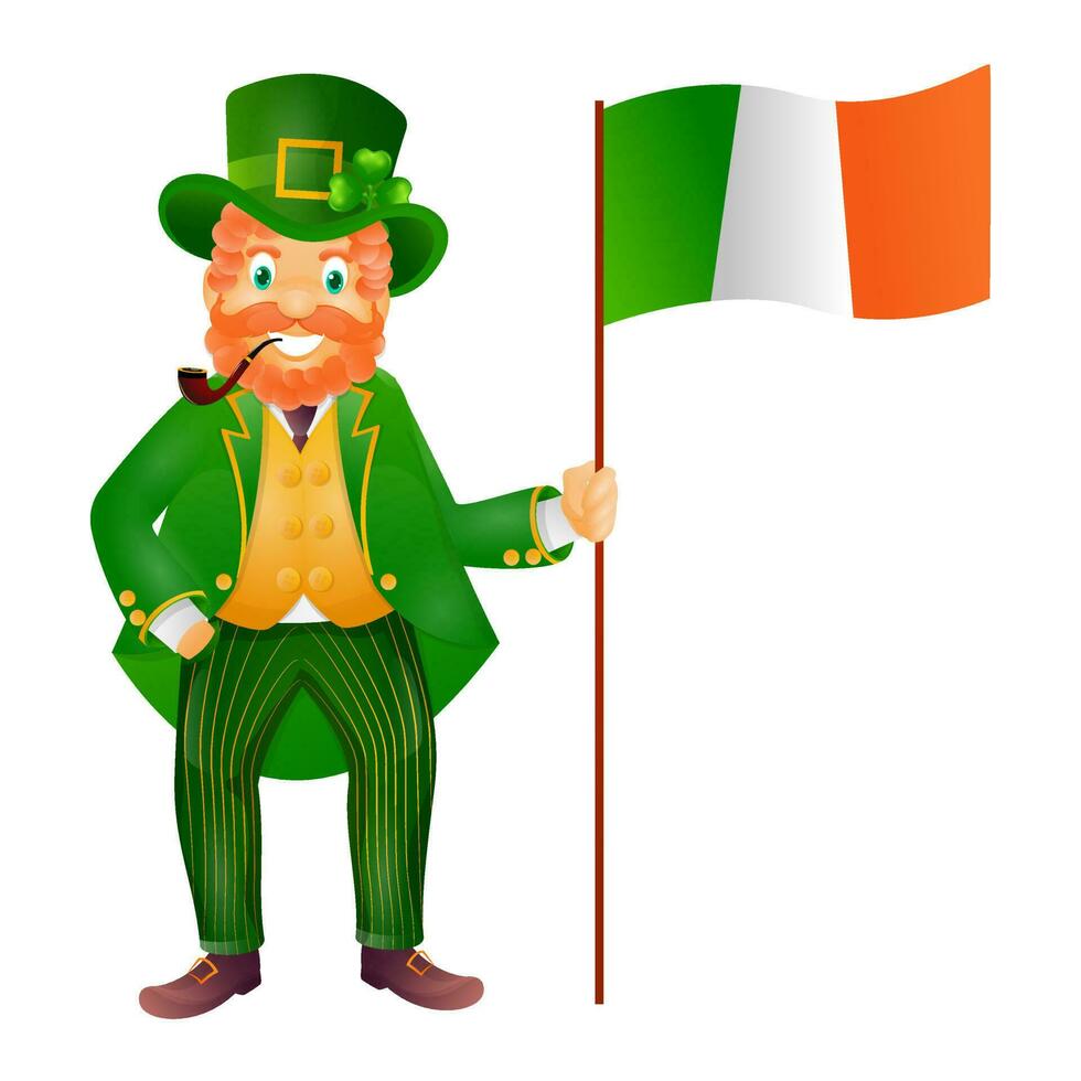 Leprechaun man holding Irish flag on white background. vector