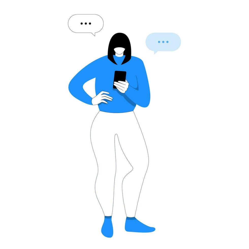 The woman looks at her smartphone and chats. Vector flat stylized illustration. Online communication