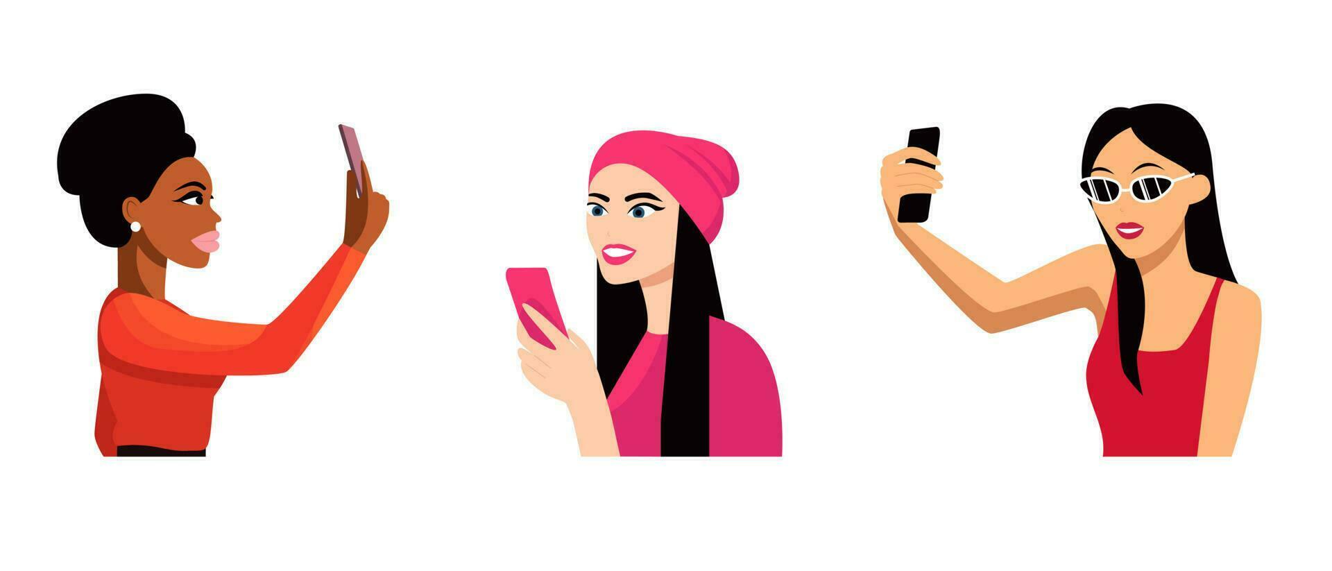 conjunto de vector retratos de 3 mujer de diferente nacionalidades africano, europeo, asiático. selfie