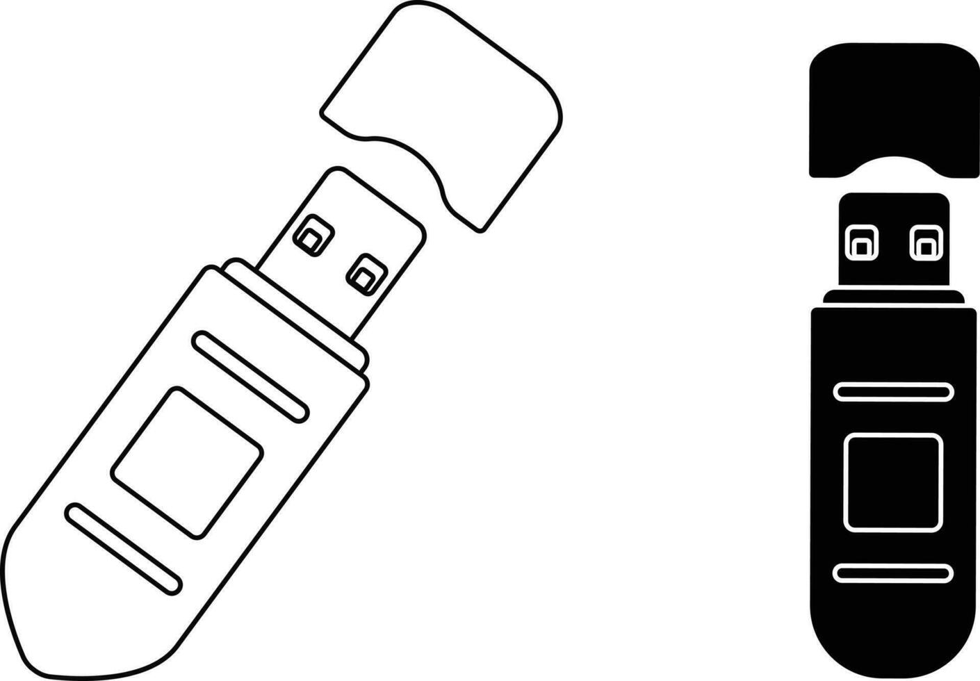 Isolated open flash drive with cap made by black line art. vector