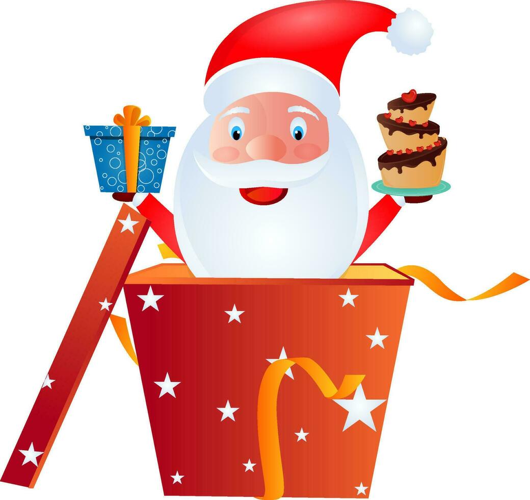 Papa Noel claus personaje con sorpresa regalo caja. vector