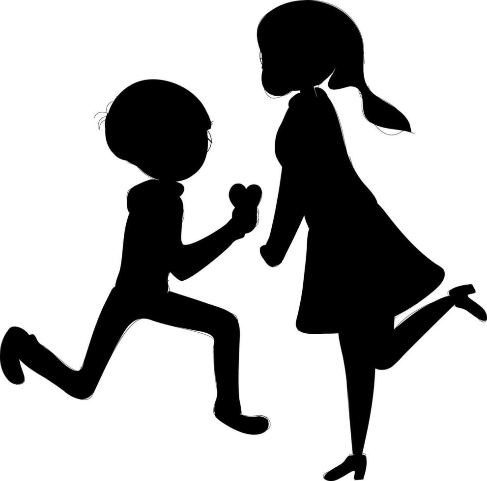 Silhouette character of boy proposing to girl. vector