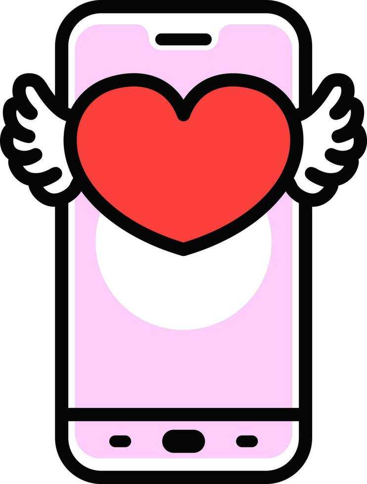 Heart with wings message on smartphone screen icon in pink and red color. vector