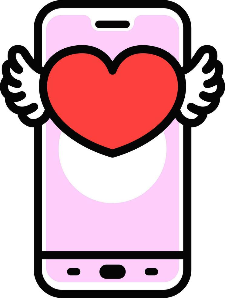 Heart with wings message on smartphone screen icon in pink and red color. vector