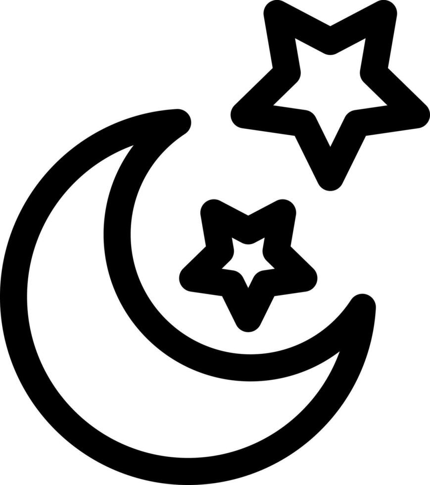 Crescent moon with stars icon in black line art. vector