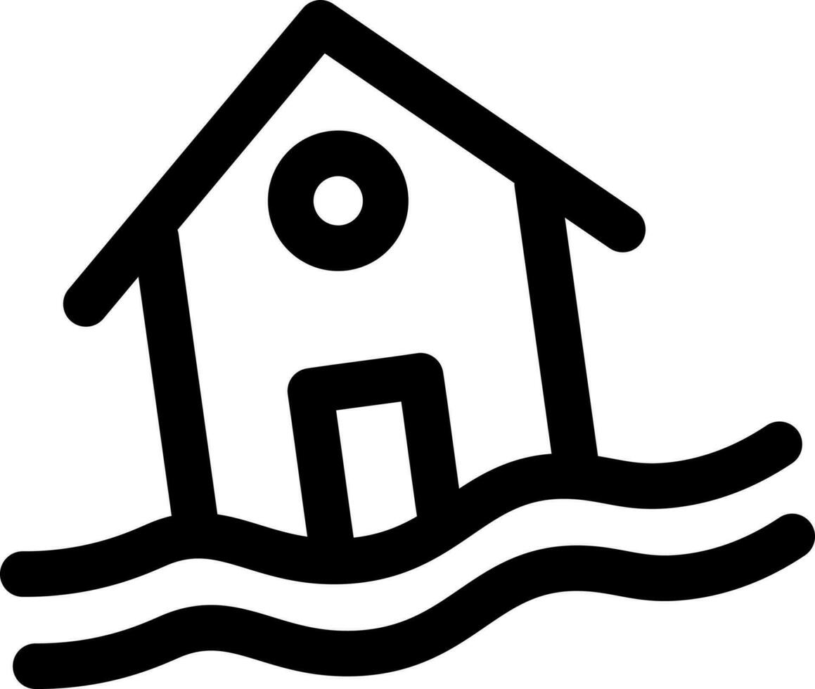 Flood or sinking house icon in black line art. vector