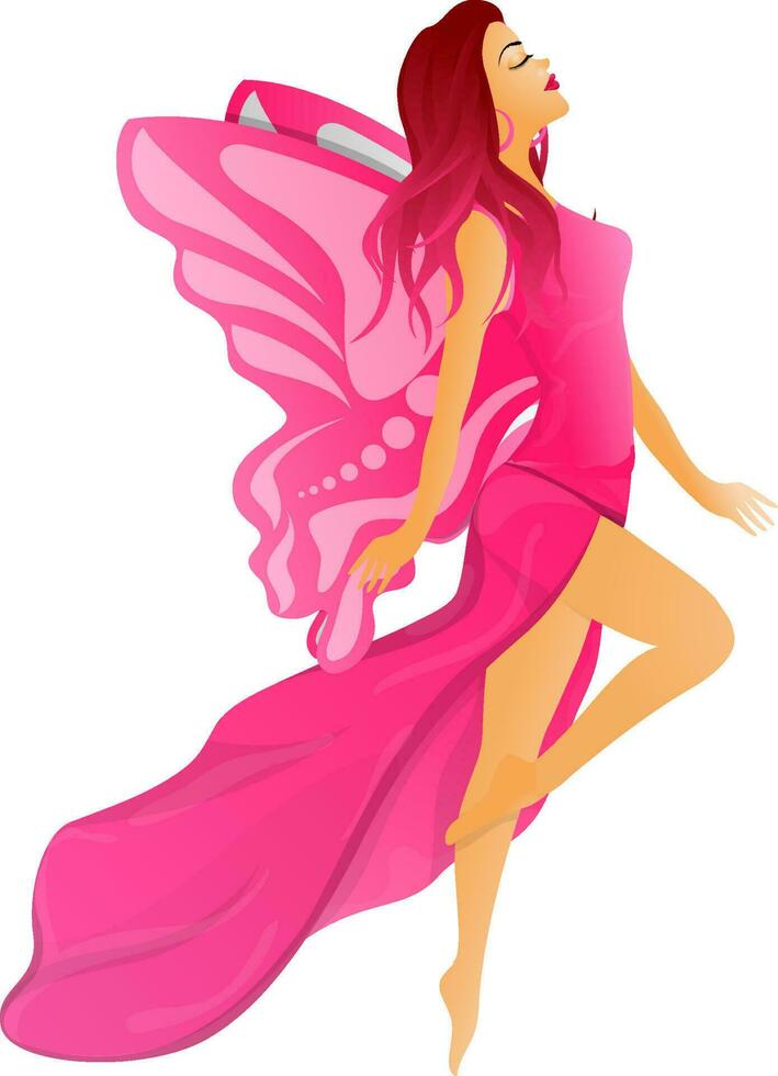 Young girl in pink costume with wings on white background. vector