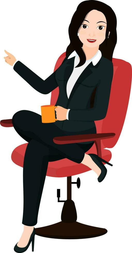 Smart business woman sitting on chair and pointing finger away. vector
