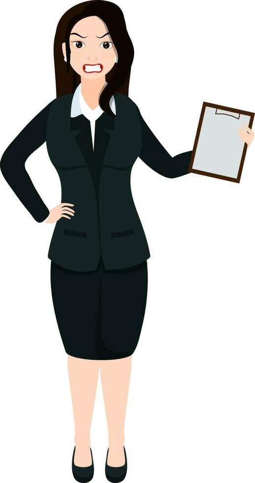 Character of business woman holding document in angry pose. vector