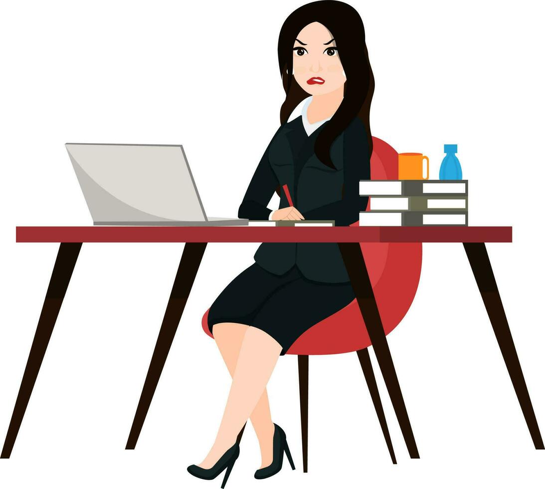 Character of business woman sitting on office desk, working on laptop. vector