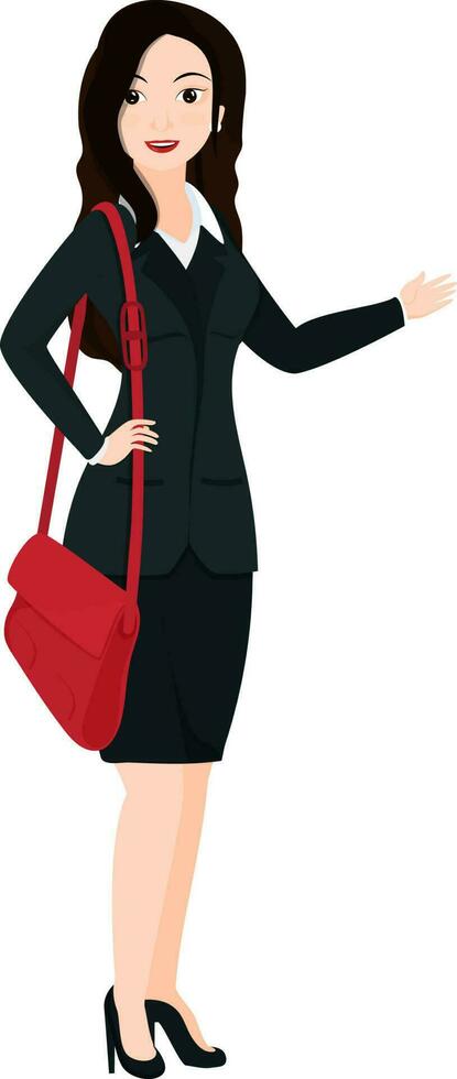personaje de negocio mujer con bolso, en pie en elegante pose. vector