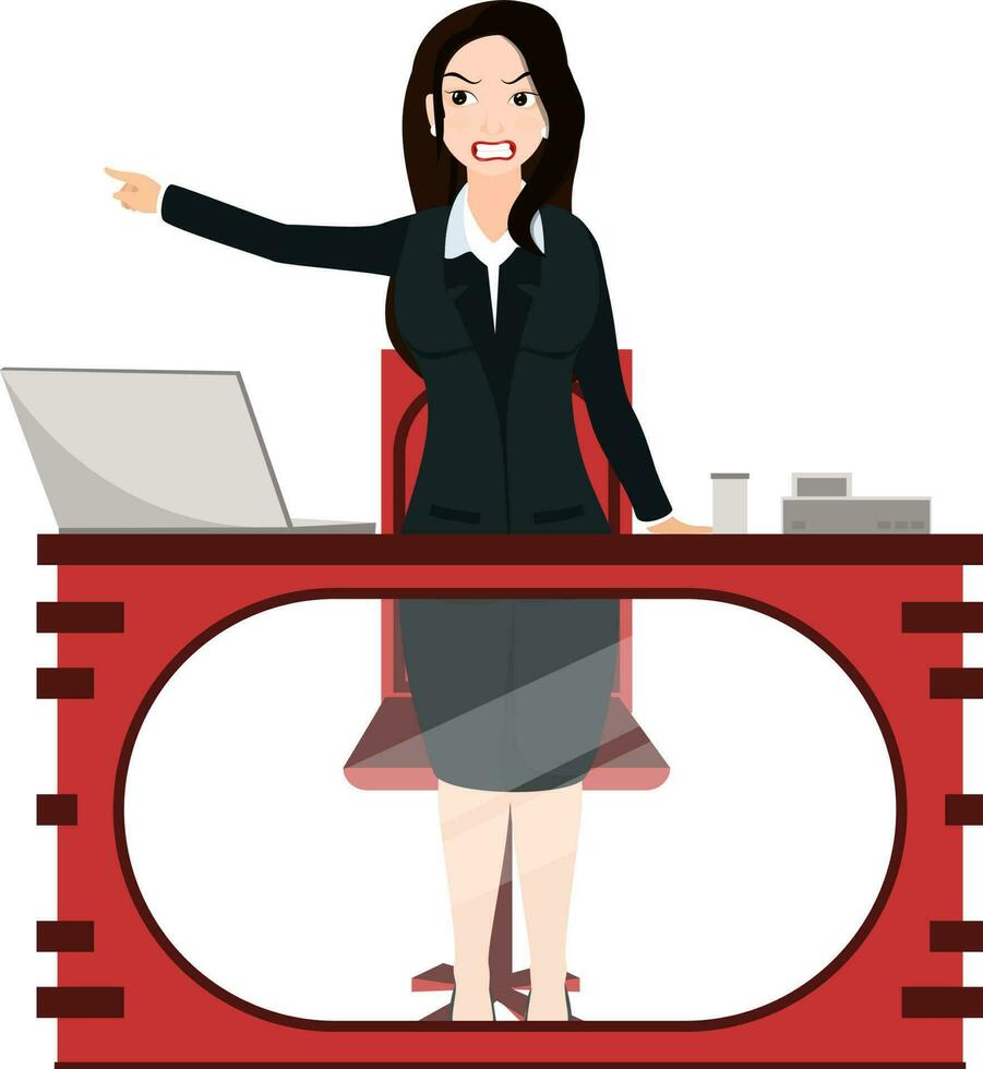 Angry business woman standing in front of her working desk, pointing her finger away. vector