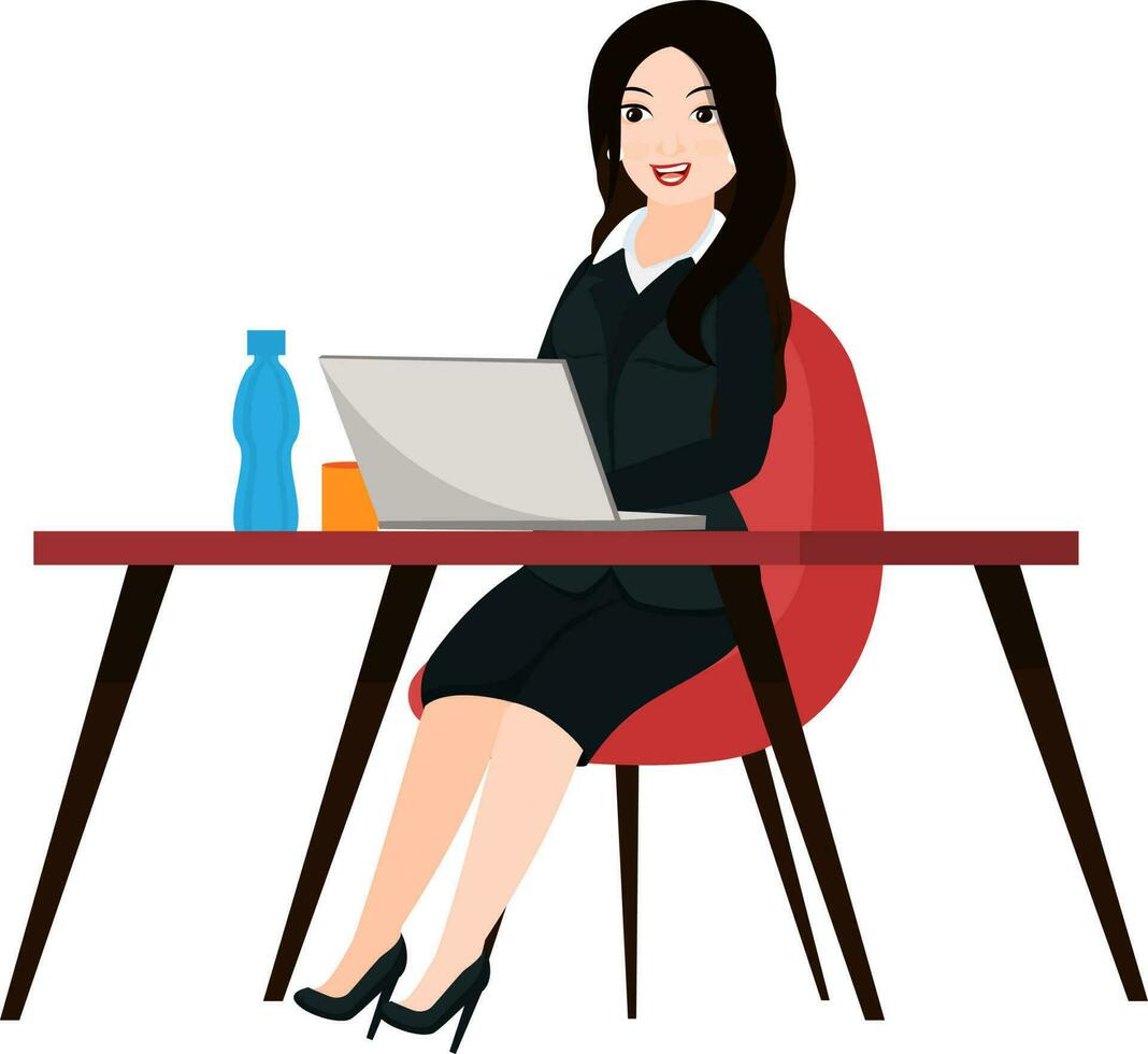 Smiling business woman sitting on office desk, working on laptop. vector