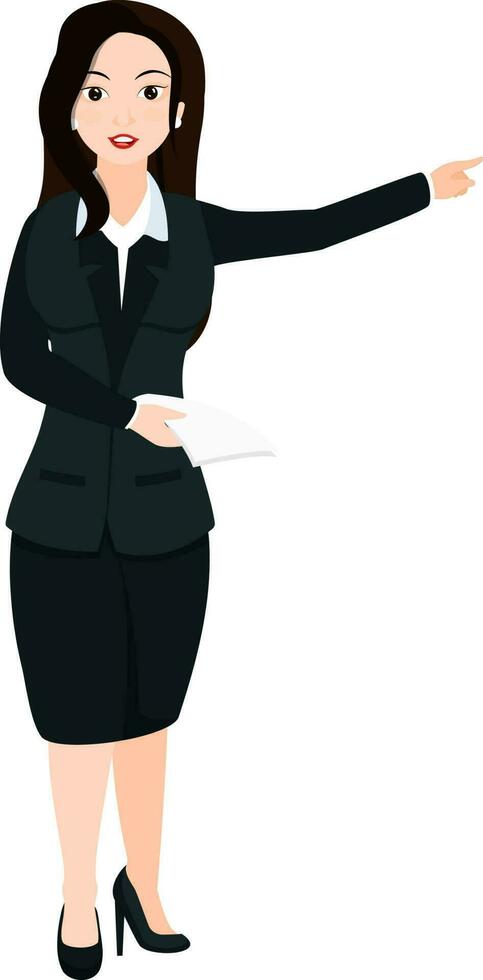 Stylish business woman pointing finger away. vector