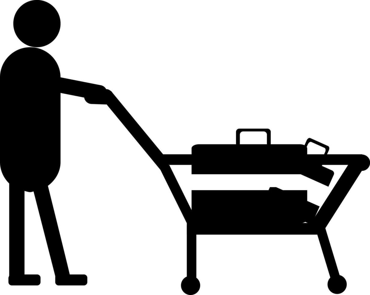 Silhouette of human holding luggage trolley icon. vector