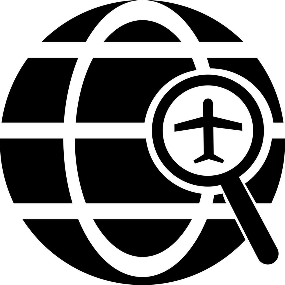 Black and White earth globe and searching airplane icon. vector