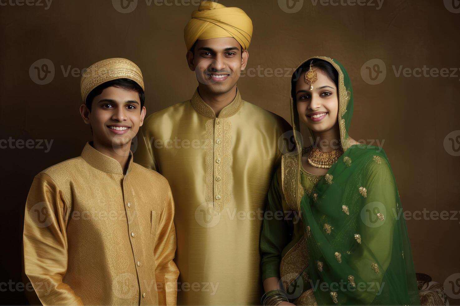 Realistic Portrait of Muslim Family Wearing Traditional Attire During Eid Celebration, . photo