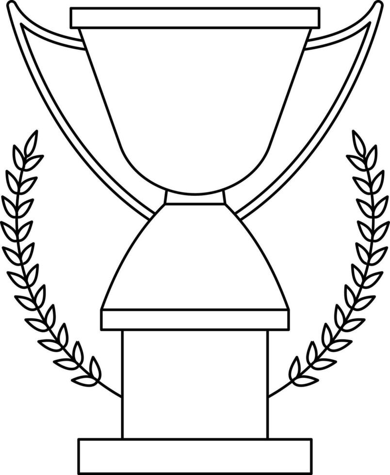 Laurel wreath decorated trophy cup in black line art. vector