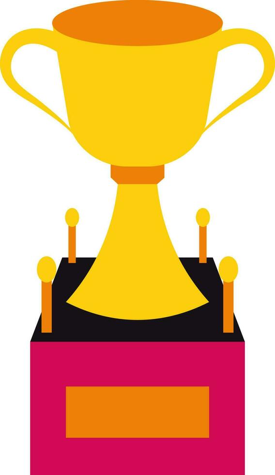 Yellow winner trophy cup on pink podium. vector