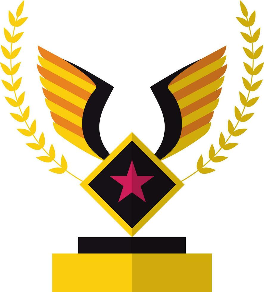 Yellow laurel wreath decorated black wings trophy award. vector