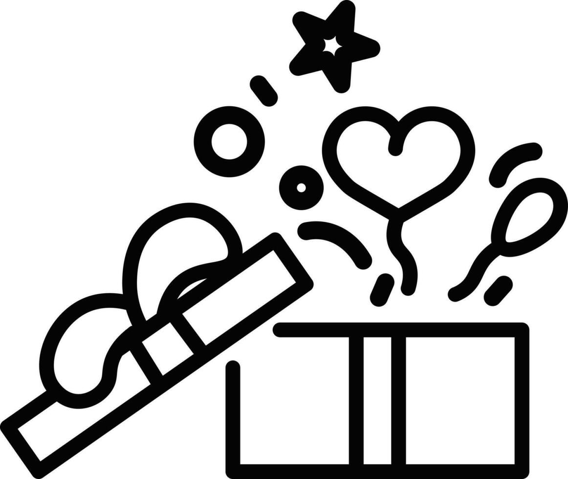 Surprise gift box icon in black line art. vector