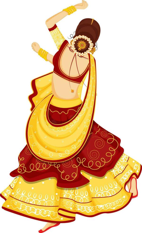 Back view of beautiful Indian woman wearing traditional dress in dancing pose. vector