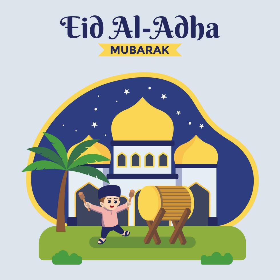Eid Al-Adha Mubarak, boy hit the bedug, set concept cute illustration vector