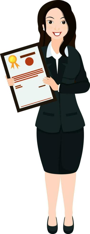 Happy business woman holding a certificate in her hand. vector