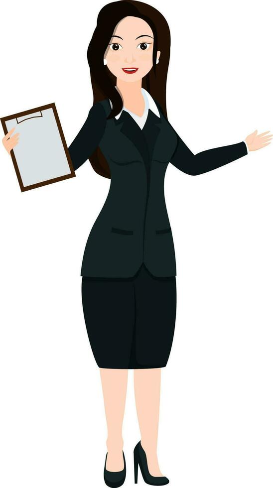 Character of business woman with project report or document. vector