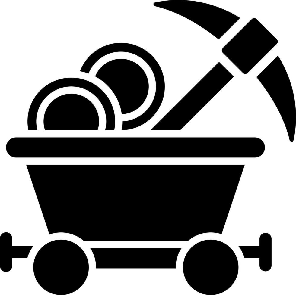 Black and White illustration of coins and pickaxe on wheelbarrow icon. vector