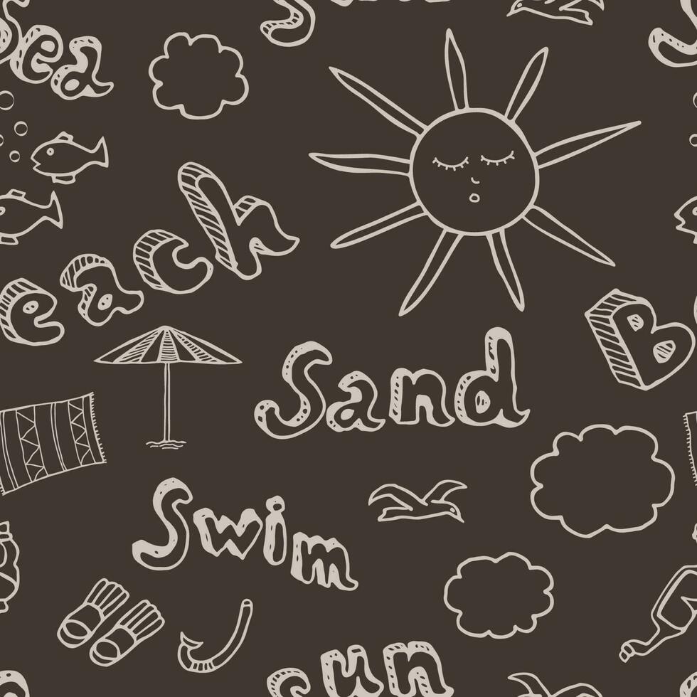 Seamless hand drawn beach doodle with lettering in vector. Seamless vector pattern