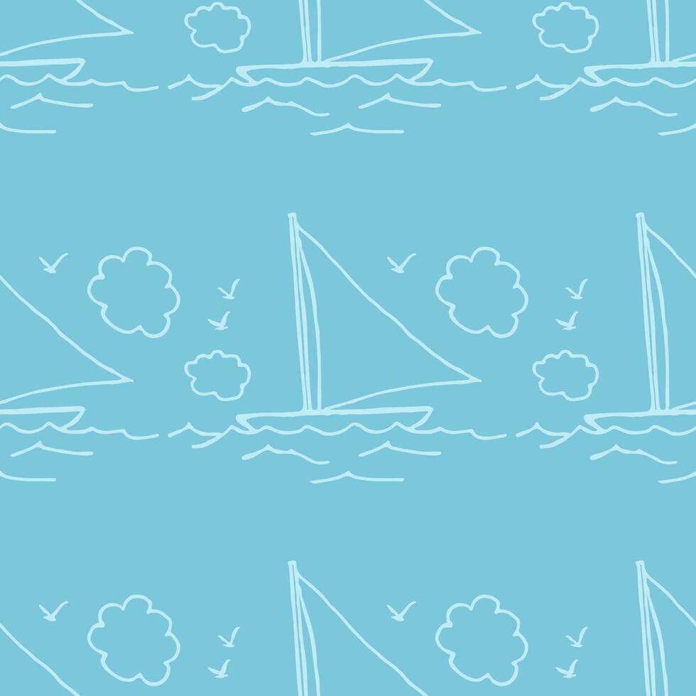 Seamless pattern with a cute little sailing boat. Vector doodle illustration