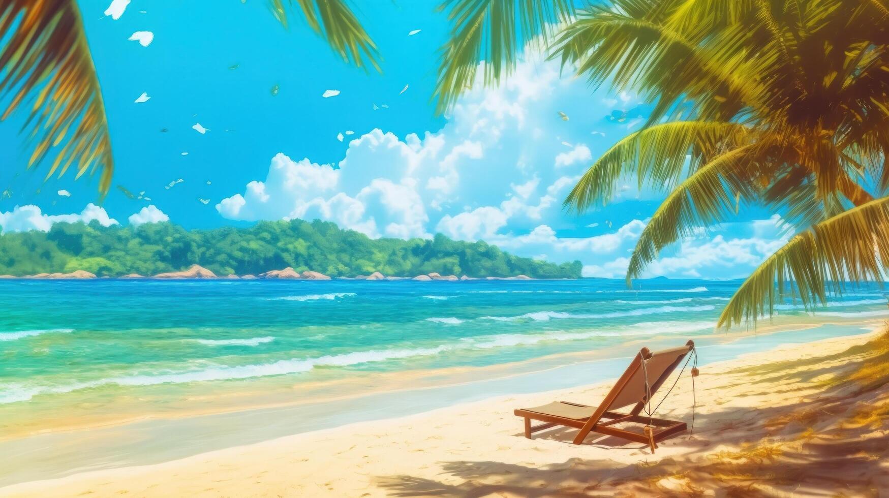 Beautiful tropical beach and sea with chair on blue sky. Illustration photo