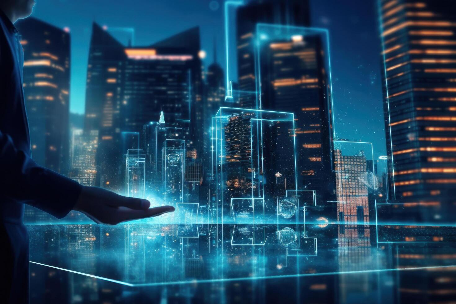 Digital tablet and a hologram of modern buildings. Illustration photo