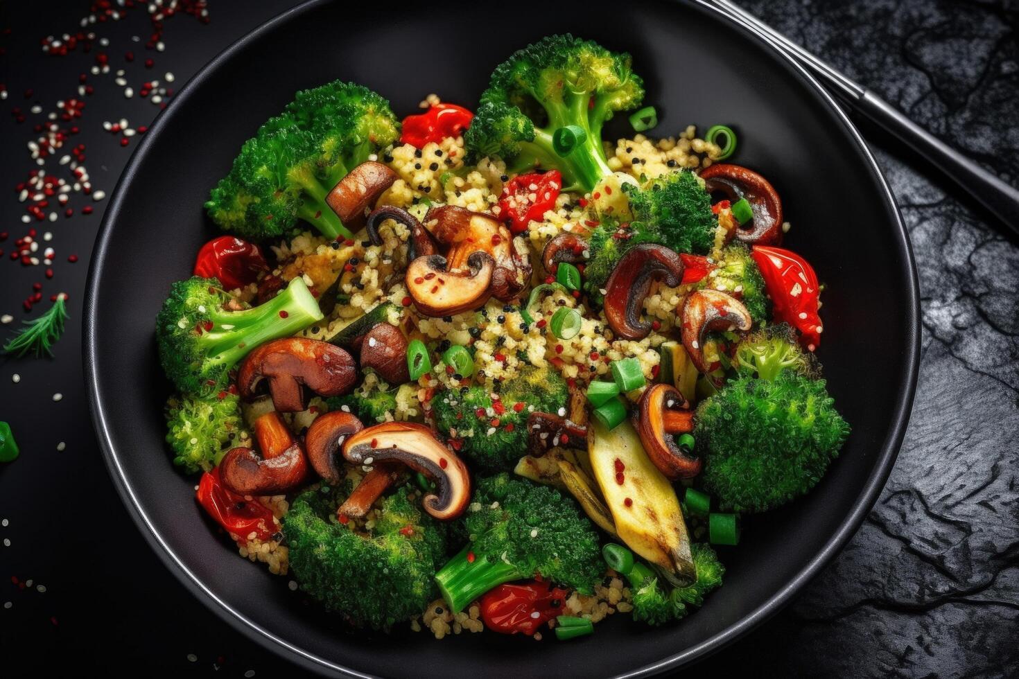 Vegan salad of vegetables - broccoli, mushrooms, spinach and quinoa in a bowl Illustration photo