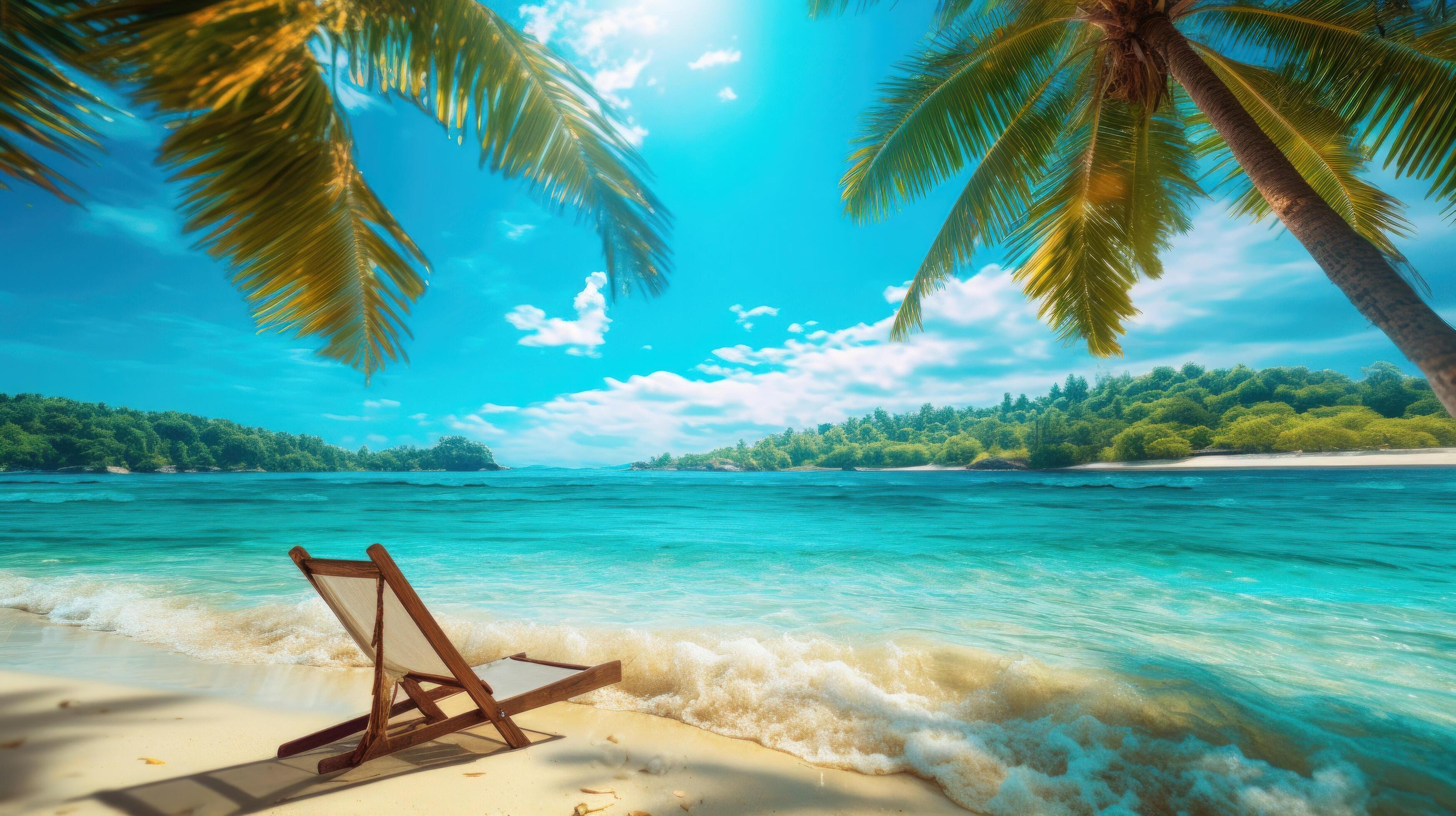 Beautiful tropical beach and sea with chair on blue sky. Illustration ...