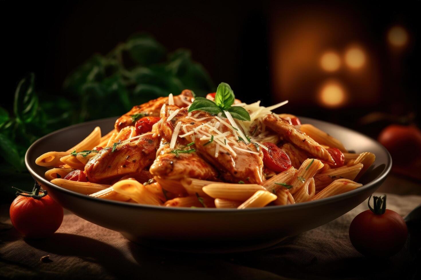 Penne pasta in tomato sauce with chicken Illustration photo