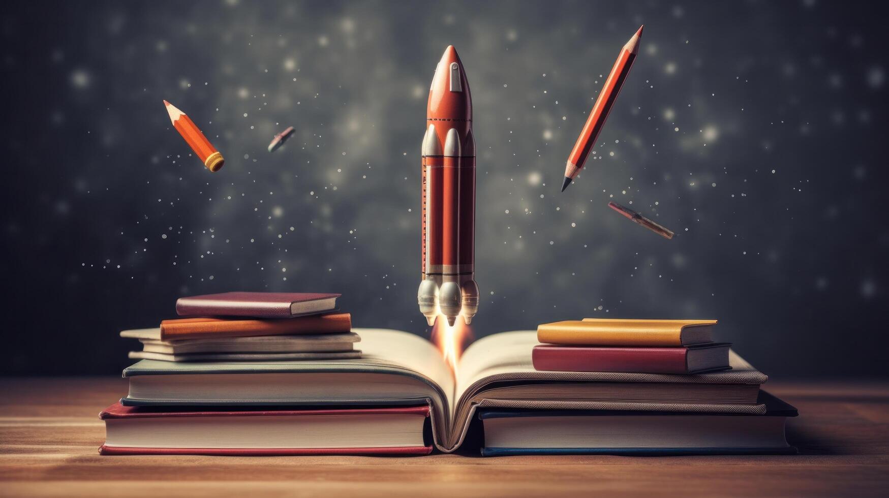 Books and rocket. Education concept. Illustration photo