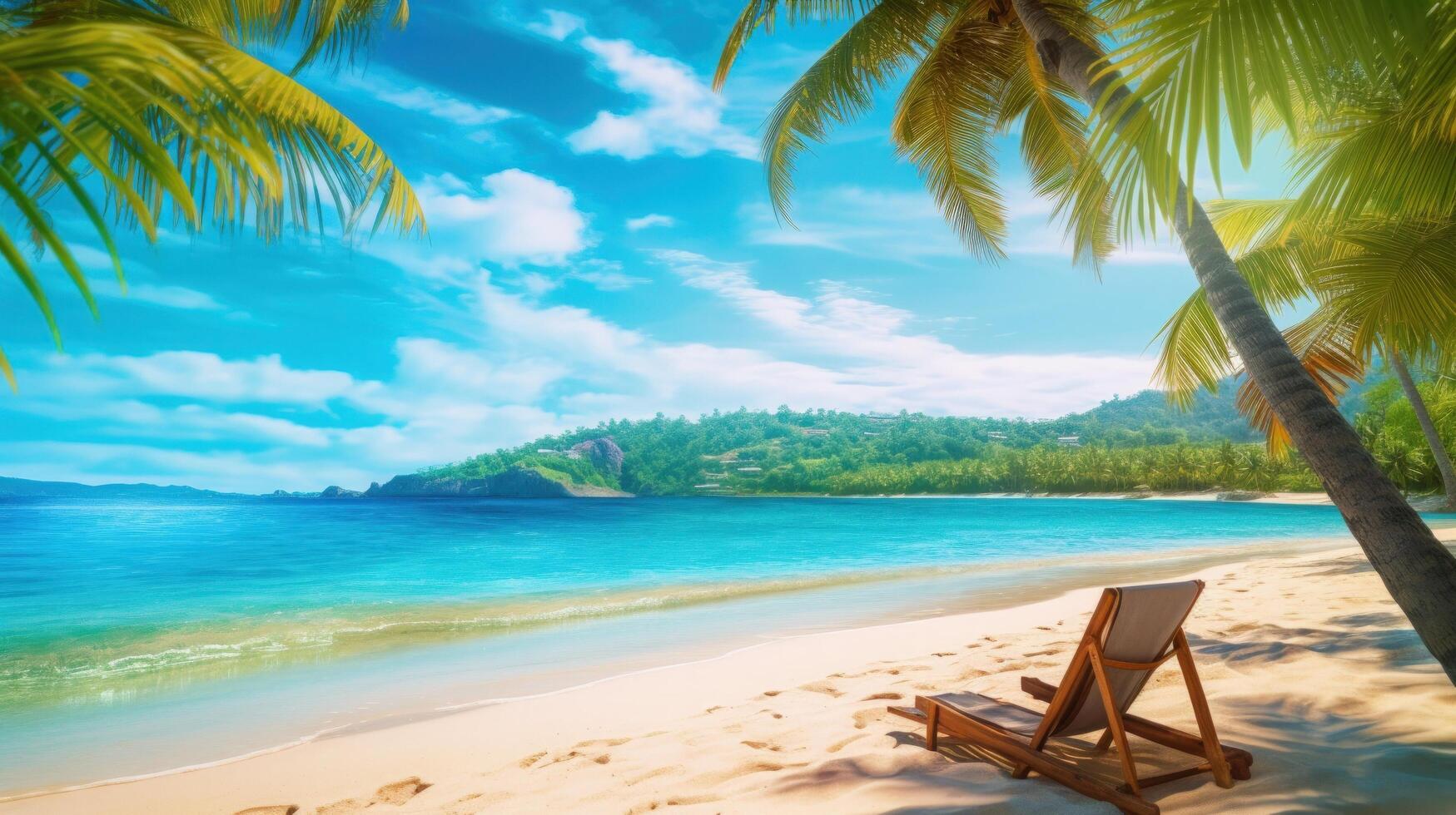 Beautiful tropical beach and sea with chair on blue sky. Illustration photo