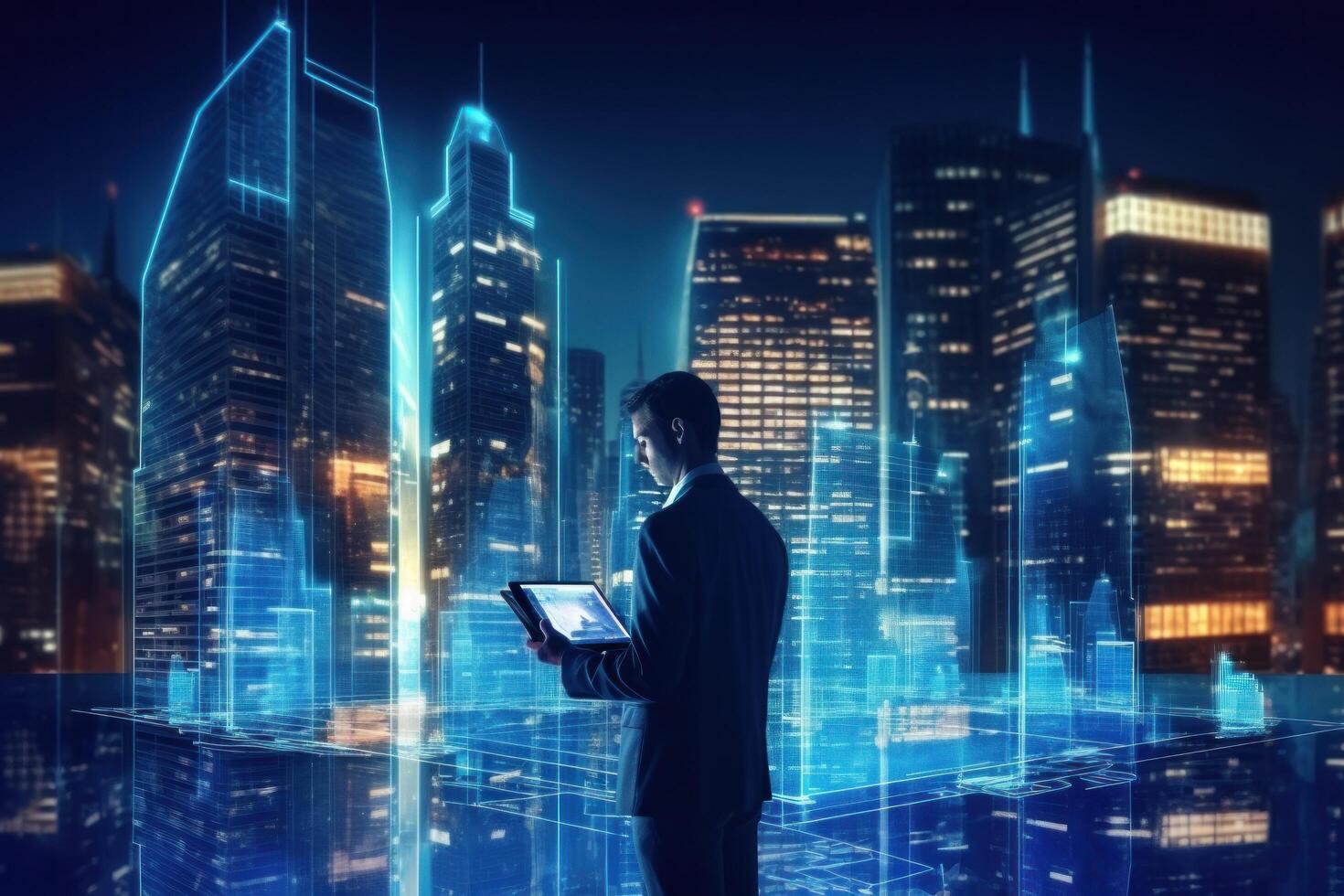 A person with a digital tablet and a hologram of modern buildings Illustration photo