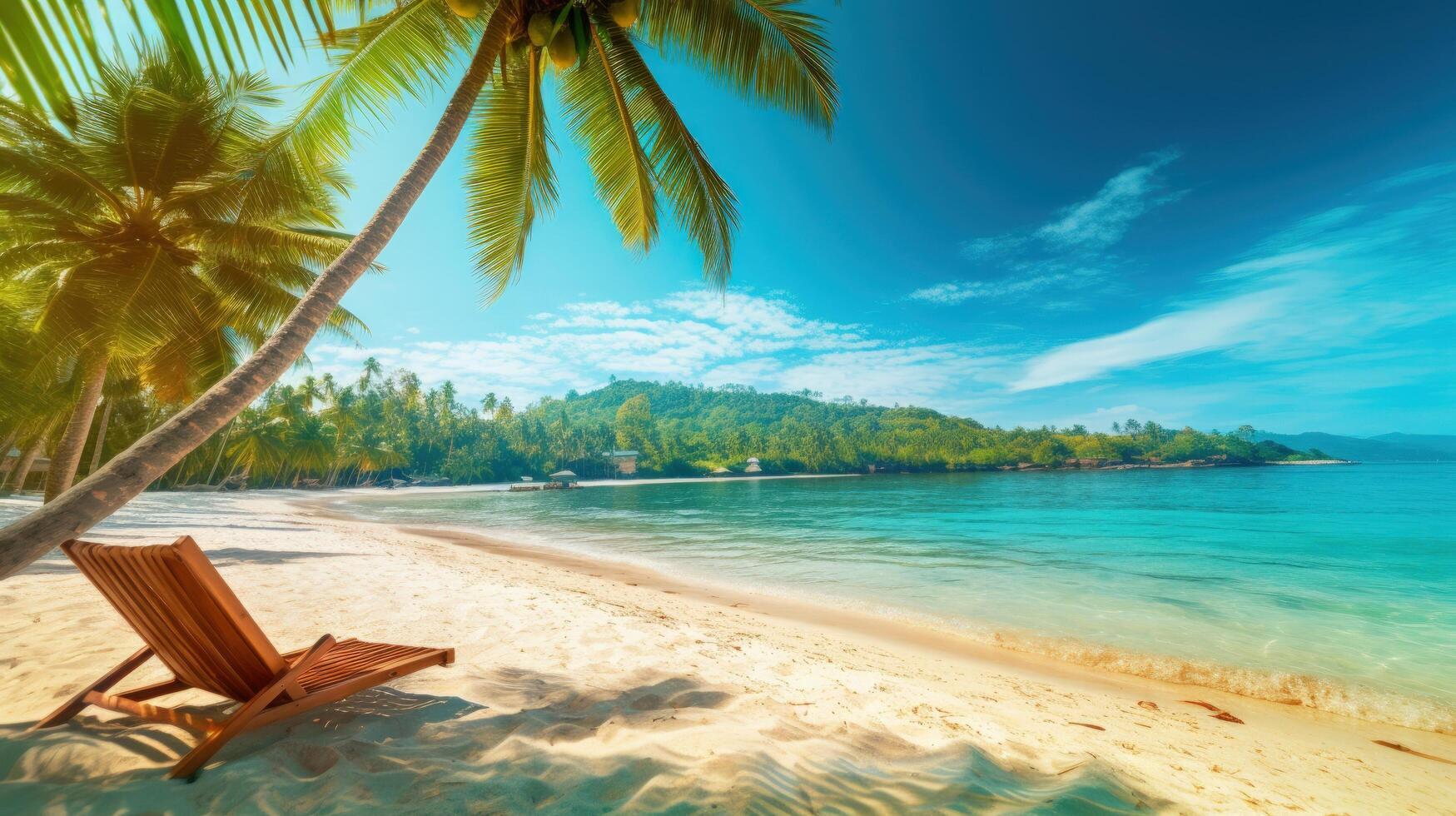 Beautiful tropical beach and sea with chair on blue sky. Illustration photo