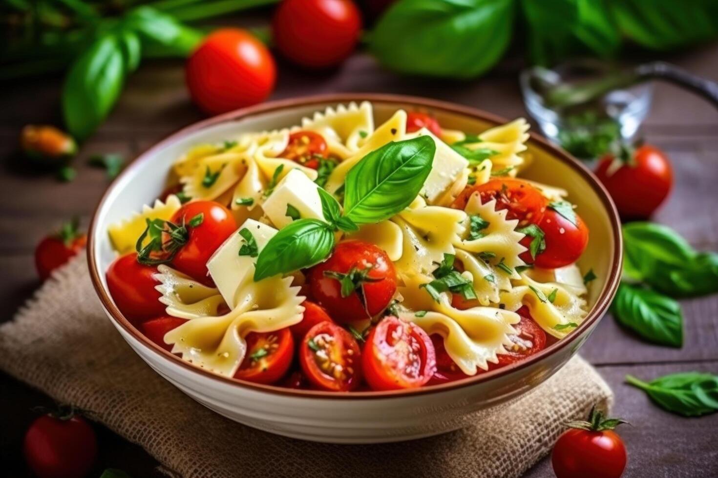 pasta de colores farfalle ensalada con Tomates, queso Mozzarella y albahaca. ilustración ai generativo foto