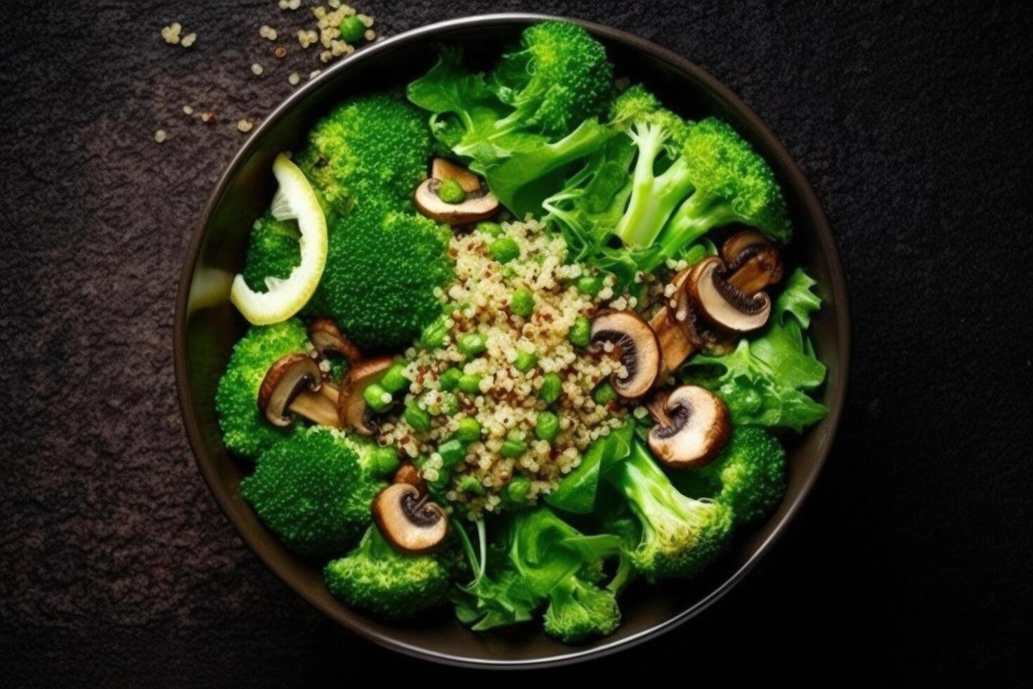 Vegan salad of vegetables - broccoli, mushrooms, spinach and quinoa in a bowl Illustration photo