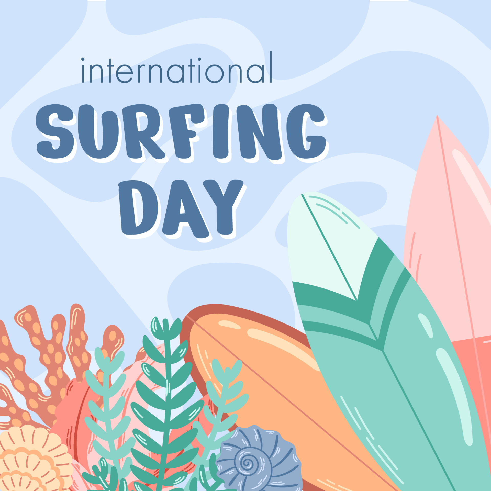 Square banner for international surf day. Various types of surfboards