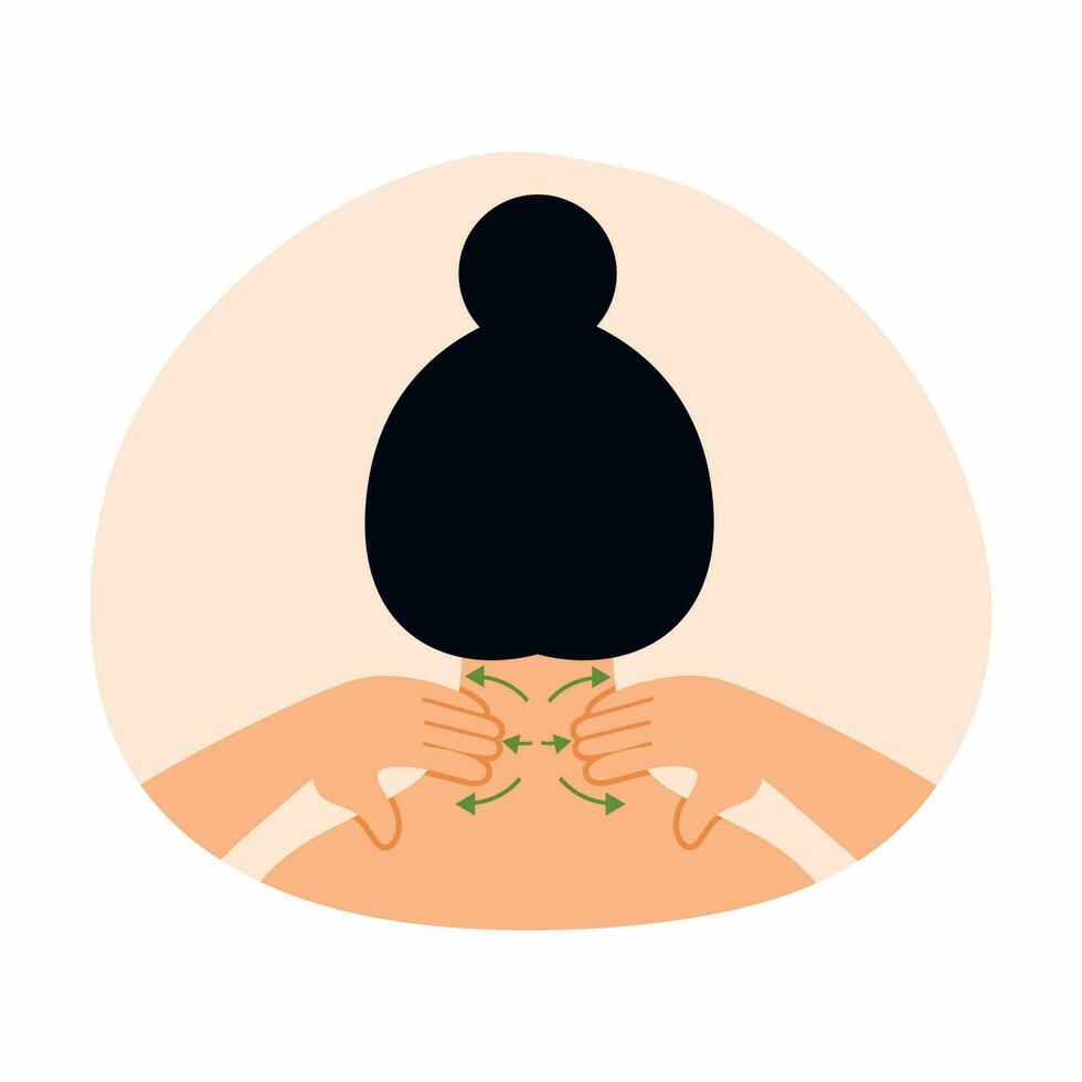 Girl gives herself neck and back massage. Prevention of osteochondrosis. Warm-up for body. vector