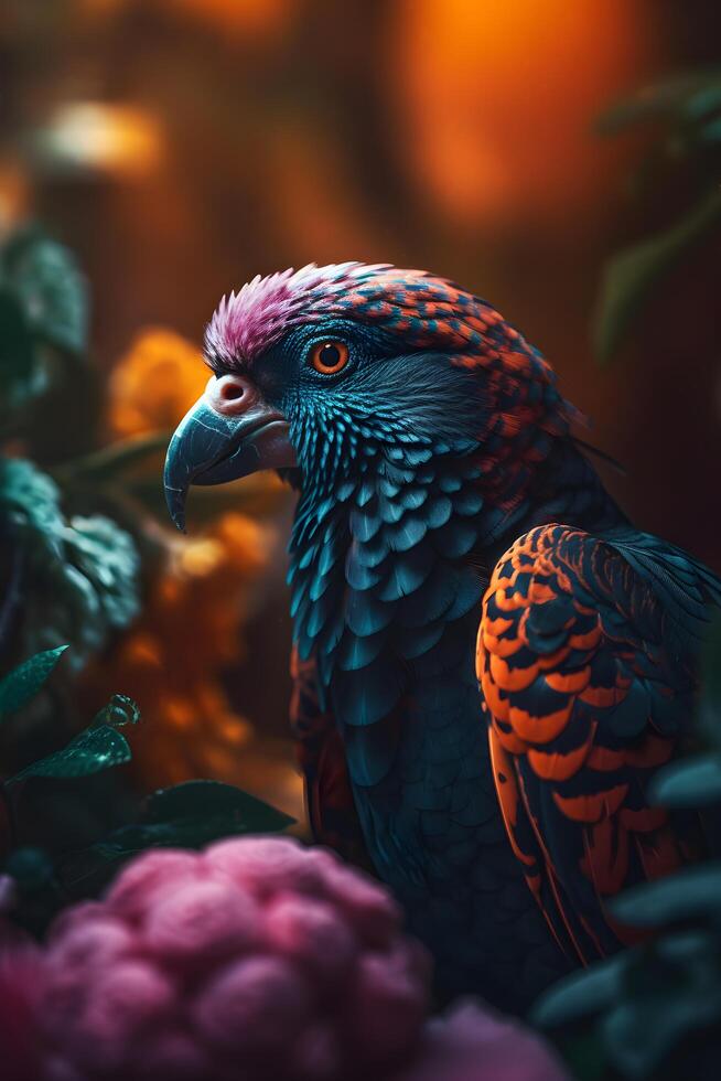 exotic tropical parrot bird with its beak in nature, looking off to the side . Its feathers are a bright and colorful. made with photo