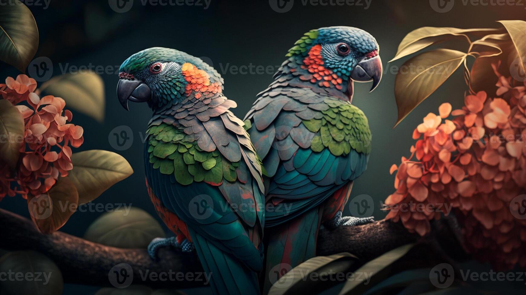 vistoso par de loros sentado en rama Entre hojas tropical selva , flores en el fondo, 3d representación increíblemente detallado. ai generado. foto