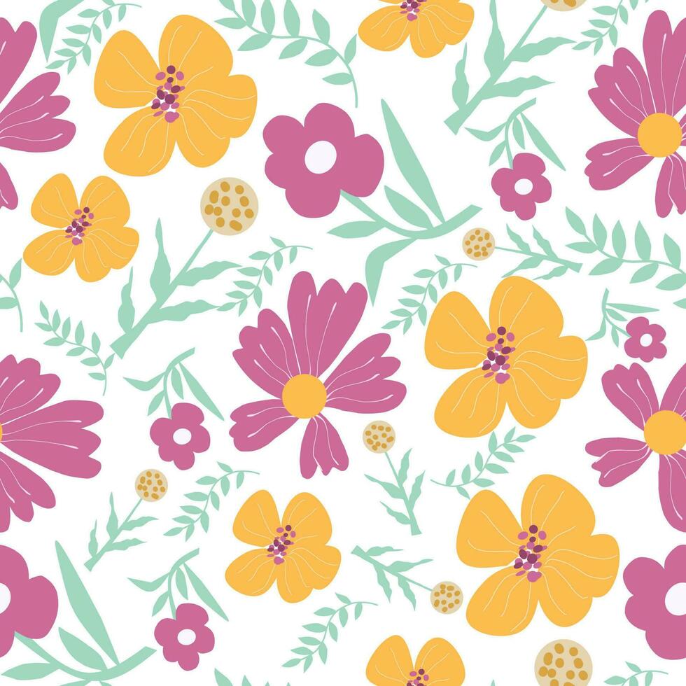 Yellow and Purple Bold Cute Flower Seamless Pattern vector